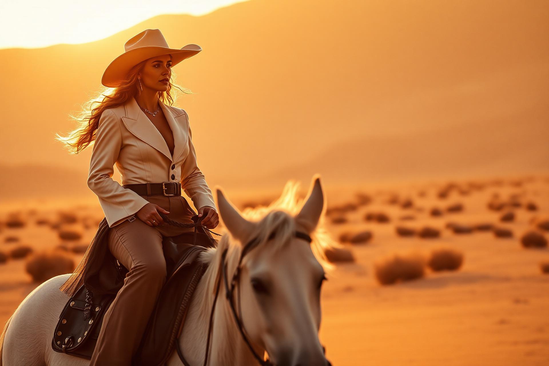 Cinematic Western portrait of a woman in the arena at dusk